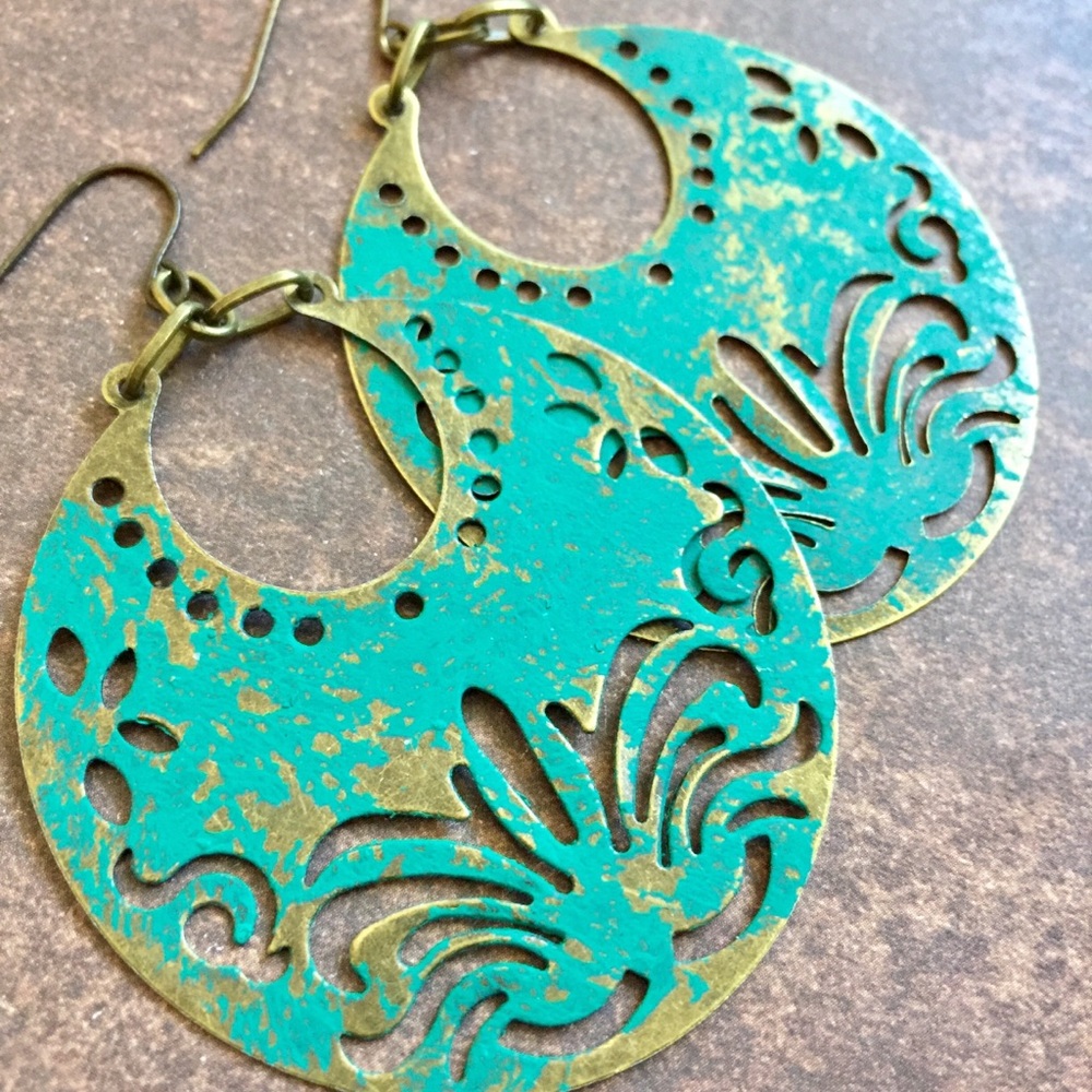 Distressed green patina crescent moon earrings